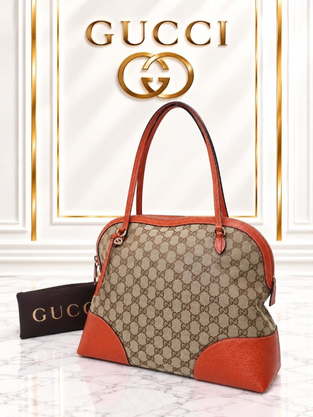 Authentic Gucci GG Monogram Canvas Dome Shoulder Bag Orange Leather Trim Vintage